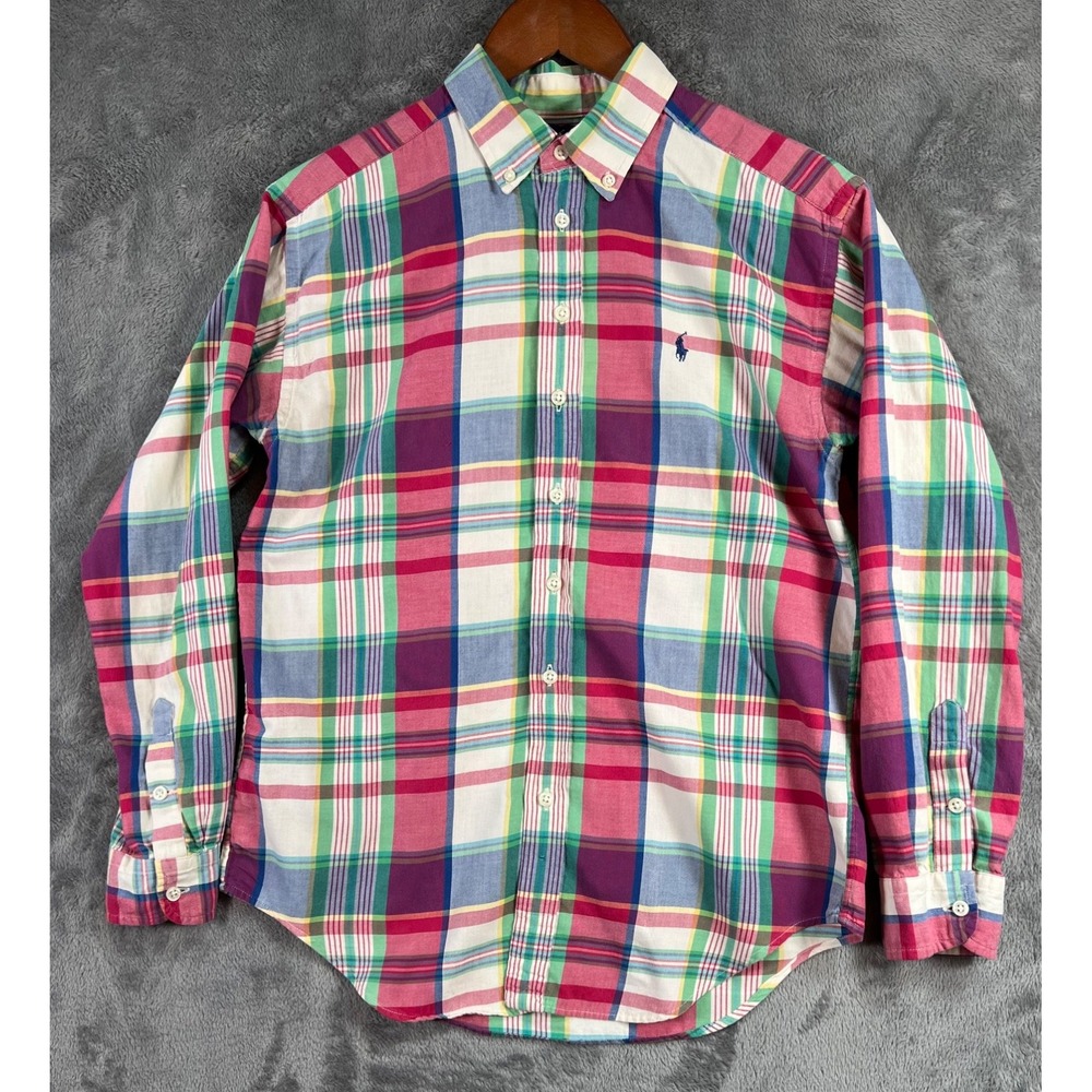 Ralph Lauren Flannel Shirt Womens Large Pink Blue Plaid Pony Logo Button Up Vtg